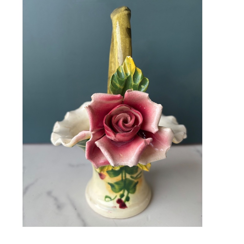 Vintage Italian Ceramic Rose Basket Vase Hand Painted Pink Flower Made in Italy